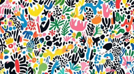 Vibrant abstract floral pattern with colorful shapes and doodles on white background.
