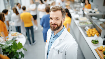 Chef leads culinary training session in restaurant kitchen from aerial view