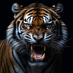 Fototapeta premium Majestic Roaring Tiger with Striking Features, A fierce tiger with vibrant stripes and an intense expression, perfect for wildlife enthusiasts and art projects.