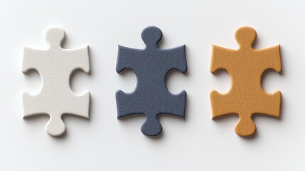 Obraz premium Three puzzle pieces in white, blue, and yellow-orange colors are displayed against a plain background, symbolizing problem-solving and creativity.