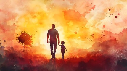Obraz premium Father and daughter walking at sunset, Watercolor painting