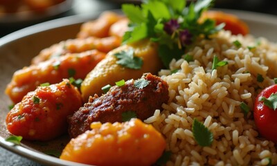 A Vibrant Platter Showcasing Traditional Arabian Dishes Including Kabsa, Maqluba, Dolma, and Tabbouleh