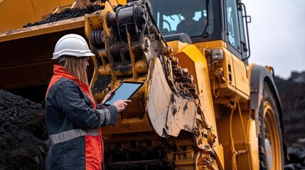 Fototapeta premium Woman in a hard hat uses a tablet computer on a construction site