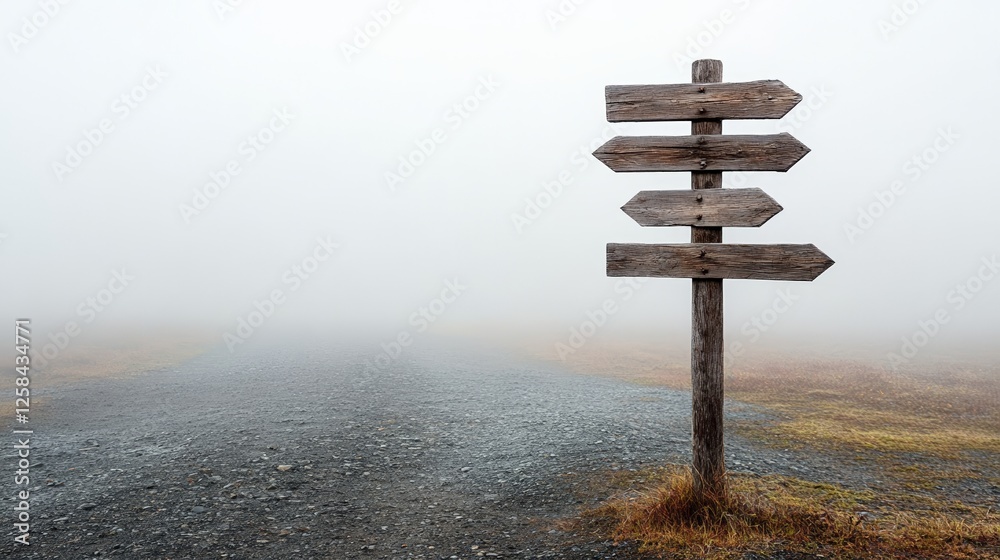 Aufkleber Wooden signpost with four blank arrows pointing in different directions, symbolizing choices, decisions, and the uncertainty of the future path in the fog