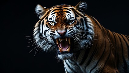 Obraz premium Majestic Roaring Tiger with Striking Features, A fierce tiger with vibrant stripes and an intense expression, perfect for wildlife enthusiasts and art projects.