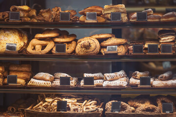 Artisan bakery display filled with freshly baked breads and pastries in a cozy café setting