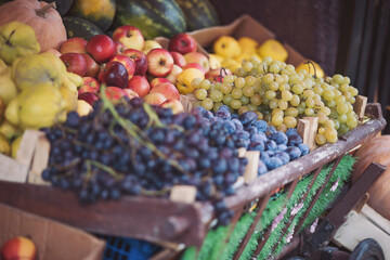 Vibrant market display of fresh fruits in a bustling stall during a sunny afternoon in an outdoor marketplace
