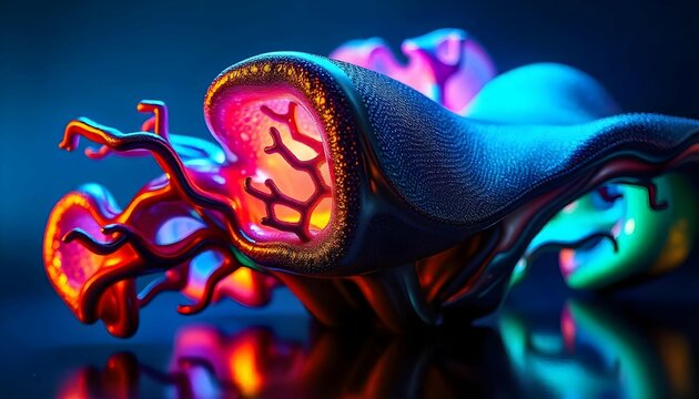 Surreal 3D Digital Artwork Featuring Glowing Waves and Iridescent Hues. - Powered by Adobe