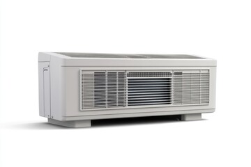 A white air conditioner unit sits on a white floor, providing a clean and minimalist background