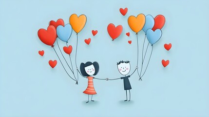 Cute Cartoon Couple Holding Heart Balloons