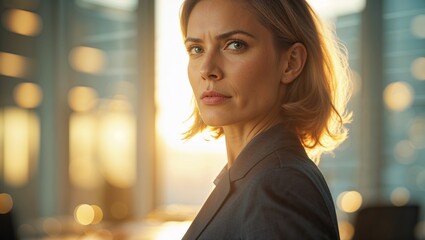 Woman with a proud look against skyscrapers in the sun rays, symbolizing confidence and success