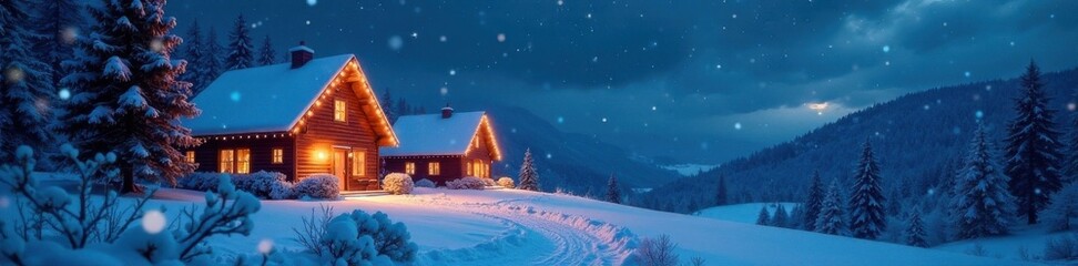 Fototapeta premium Snowy landscape with illuminated Christmas houses,, decorations, house