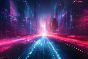 Neon Cityscape, Futuristic Road, vibrant lights illuminate the digital city at night, showcasing technological advancement and rapid progress.