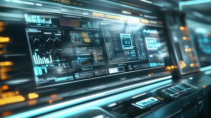 Complex digital dashboard with multiple screens showing data and analytics.