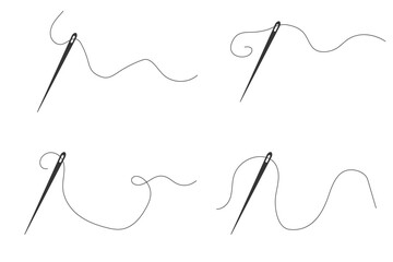 Needle with thread doodle simple icon, line embroidery decoration. Curvy thread sewing, tailor tool silhouette. 