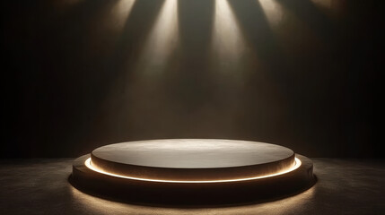 Round podium or stage in rays of spotlights, realistic vector illustration. Pedestal for winner or award ceremony, empty platform for presentation, performance or show at night club, soon coming
