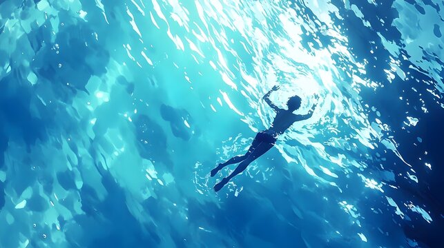 A serene underwater scene depicting a swimmer gliding through crystal-clear blue waters, surrounded by shimmering light reflections, evoking a sense of tranquility and freedom