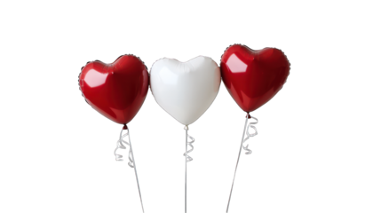 three white and red heart balloons isolated on white background
