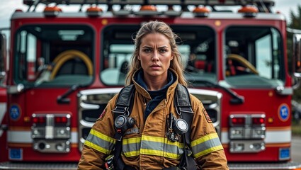 Obraz premium Female firefighter in front of a fire truck, showcasing bravery and leadership in emergency response
