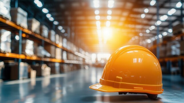 Blockchain in logistics. A bright yellow hard hat sits on a warehouse floor, illuminated by warm sunlight streaming in, emphasizing safety in an industrial environment. - Powered by Adobe
