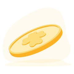 Clip art of St. Patricks Day golden coin with lucky clover on isolated background. Hand drawn design for St. Paddy day celebration, party decoration, scrapbooking, textile, home decor.