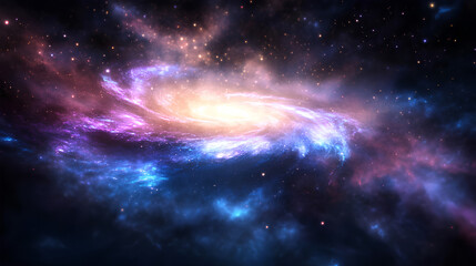 Ultra-realistic spiral galaxy with intricate swirling patterns glowing in vibrant blues purples and golds against a cosmic backdrop of stars and cosmic dust  
