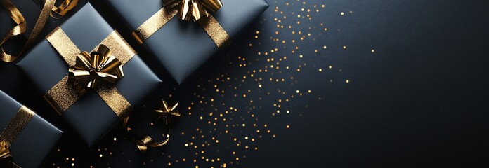 Elegant dark gray gift boxes with gold ribbons and glitter on black background.