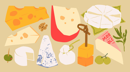 Various delicious Cheese set. Mozzarella, brie, triangles, cheddar, blue cheese, parmesan, camembert, burrata. Cartoon modern style. Hand drawn Vector illustration. Isolated design elements 