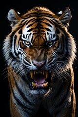 Naklejka premium Majestic Roaring Tiger with Striking Features, A fierce tiger with vibrant stripes and an intense expression, perfect for wildlife enthusiasts and art projects.