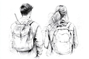 Obraz premium A stylized line-art drawing of students walking into a university lecture hall