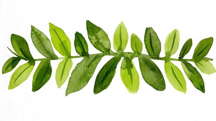 Green Watercolor Leaf Branch with Varying Shades of Green Foliage