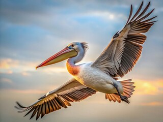 Fototapeta premium Spot-billed Pelican in Flight, Graceful Soaring Bird, Pale Sky, Wildlife Photography