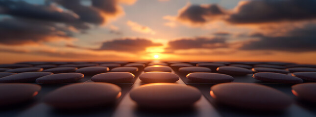 Obraz premium Sunset over a Path of Smooth Stones Leading Towards the Horizon
