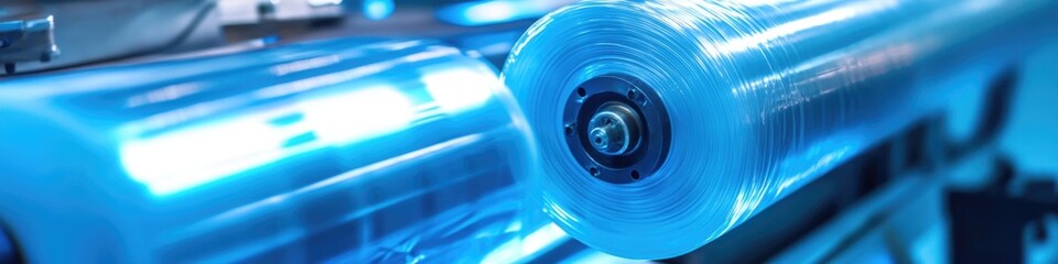Close-up of a plastic roll on industrial equipment, ideal for manufacturing or production settings
