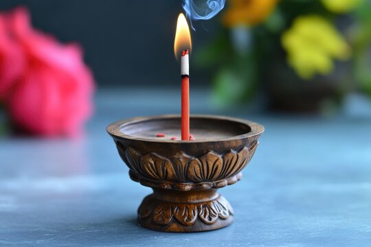 A candle shines bright on a table surrounded by fresh flowers