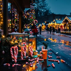 Naklejka premium Christmas Market at Night: Red and White Candy Canes on Snowy Street