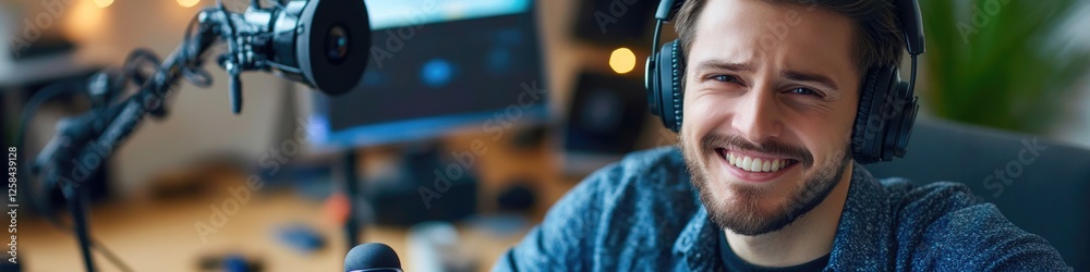 Poster a person playing games on their console with headphones and controller in hand