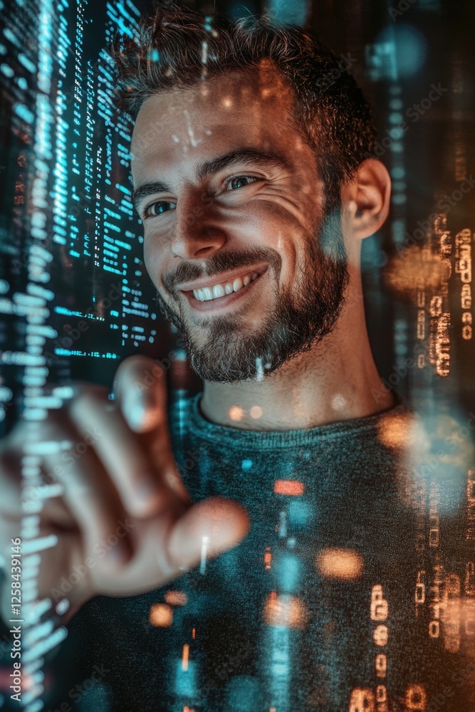 Poster a smiling man sitting in front of a computer screen with a neutral background