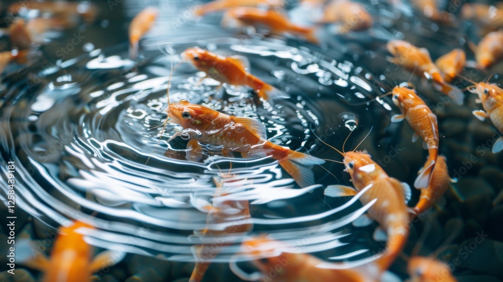 Poster orange shrimp swim gracefully in clear water, disturbing the surface and creating ripples. sunlight 