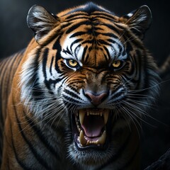 Fototapeta premium Majestic Roaring Tiger with Striking Features, A fierce tiger with vibrant stripes and an intense expression, perfect for wildlife enthusiasts and art projects.