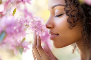 Beautiful African American woman smelling the soft, fresh and natural scent of pink flowers in spring in bloom. Concept of softness, delicacy, purity, femininity, dream of relaxation