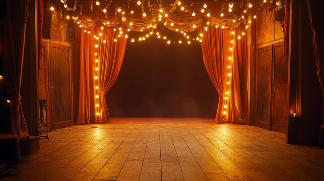 Comedy show stage background with open curtain. Night theater scene with bulb light and garland for music concert or cabaret performance. Empty opera concept hall interior. Theatrical club podium