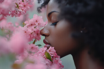 Naklejka premium Beautiful African American woman smelling the soft, fresh and natural scent of pink flowers in spring in bloom. Concept of softness, delicacy, purity, femininity, dream of relaxation