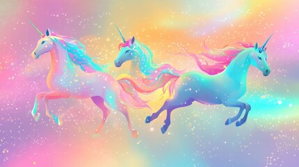 Enchanting pastel unicorns prancing in a galaxy of sparkling stardust