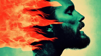 Fototapeta premium Fiery portrait of a bearded man, teal and orange hues dominate the surreal artwork. Intense emotions.