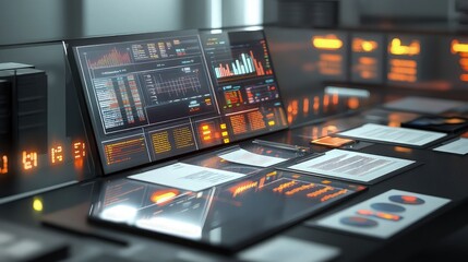 A sleek modern office desk with transparent data screens showing real-time financial updates, surrounded by financial documents, reports, and glowing stock indicators