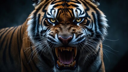 Fototapeta premium Majestic Roaring Tiger with Striking Features, A fierce tiger with vibrant stripes and an intense expression, perfect for wildlife enthusiasts and art projects.