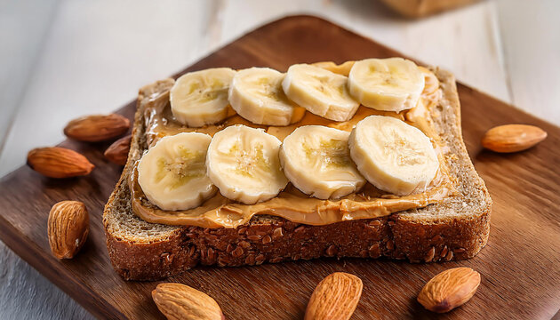 a slice of entire grain bread crowned with peanut butter and banana slices accompanied by using almonds and a banana served on a timber board