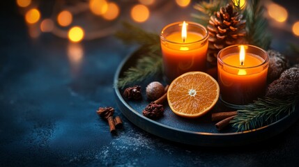 Obraz premium Dark navy blue background with warm orange bokeh lights, studio lighting generative ai