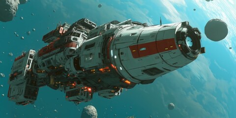Naklejka premium Pixelated Spaceship In Space With Teal Blue Background
